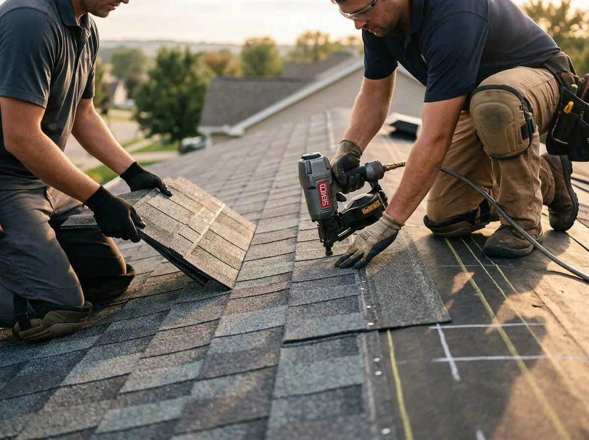 Professional roofer working on a residential roof in Royse City